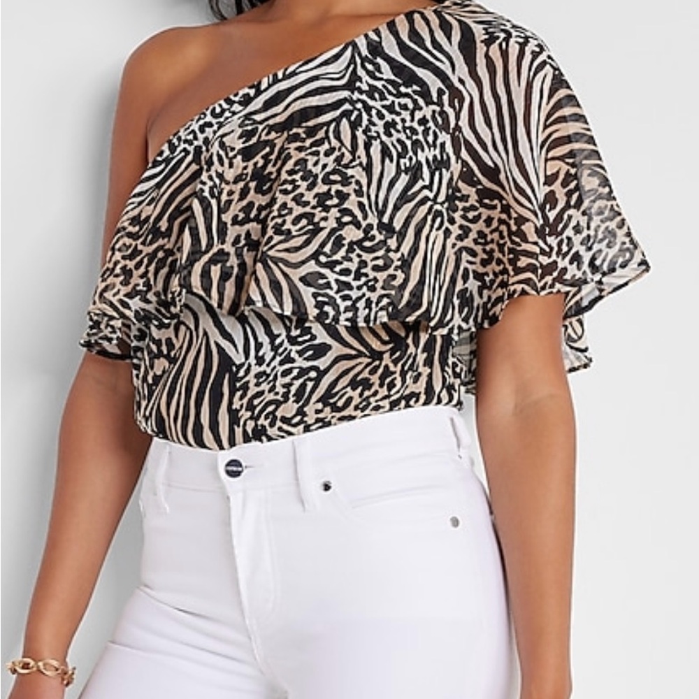 Express Women's Rachel Zoe Animal Print Draped One Shoulder Thong Bodysuit